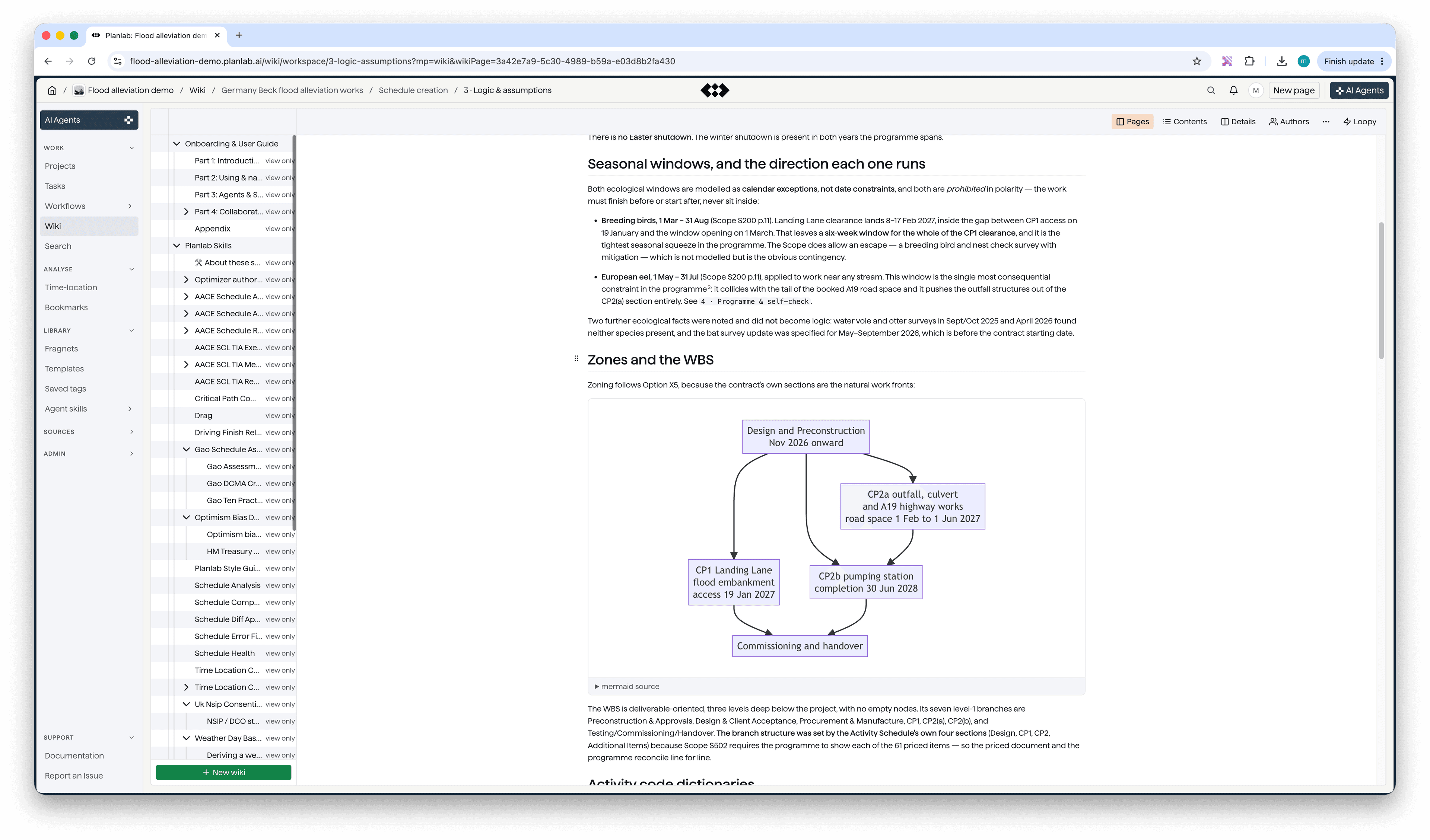 The flood alleviation project wiki with a navigation tree, scheduling assumptions, seasonal constraints, and a work breakdown diagram.