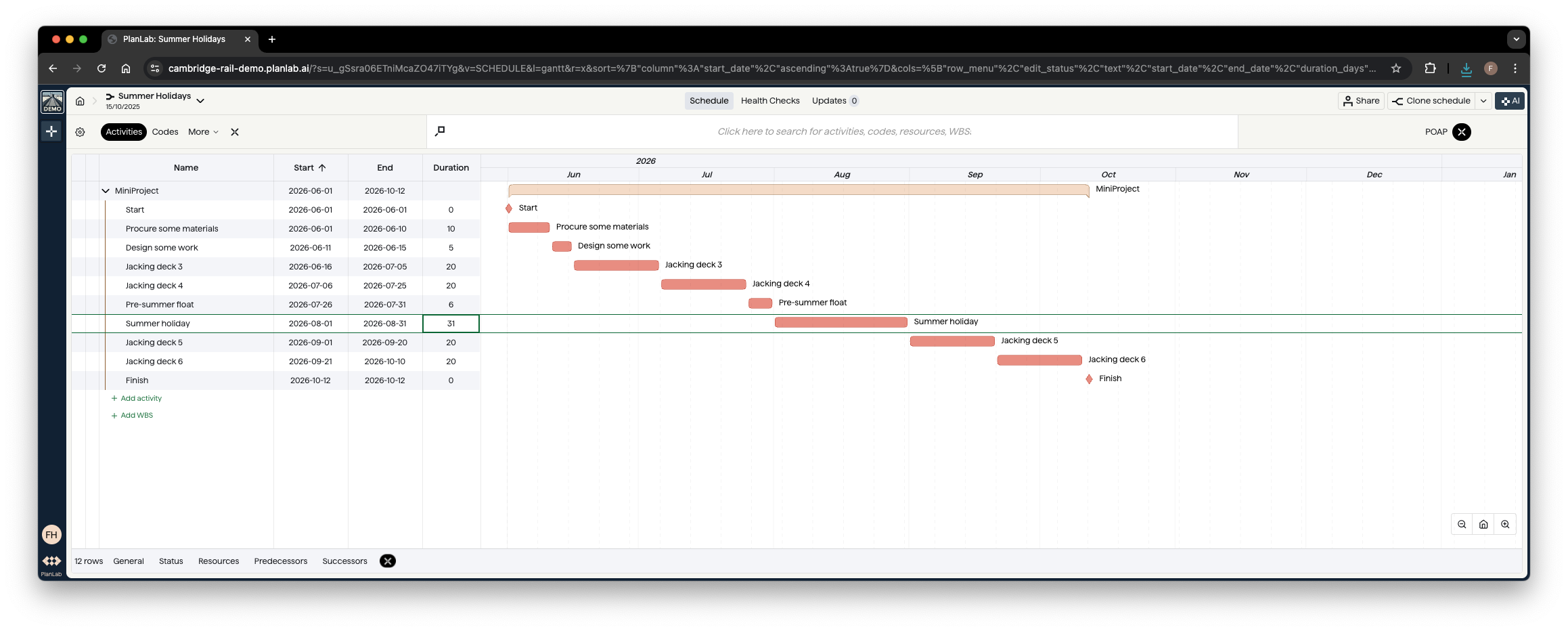 Initial version of the plan, with the summer holiday and the pre-holiday float included
