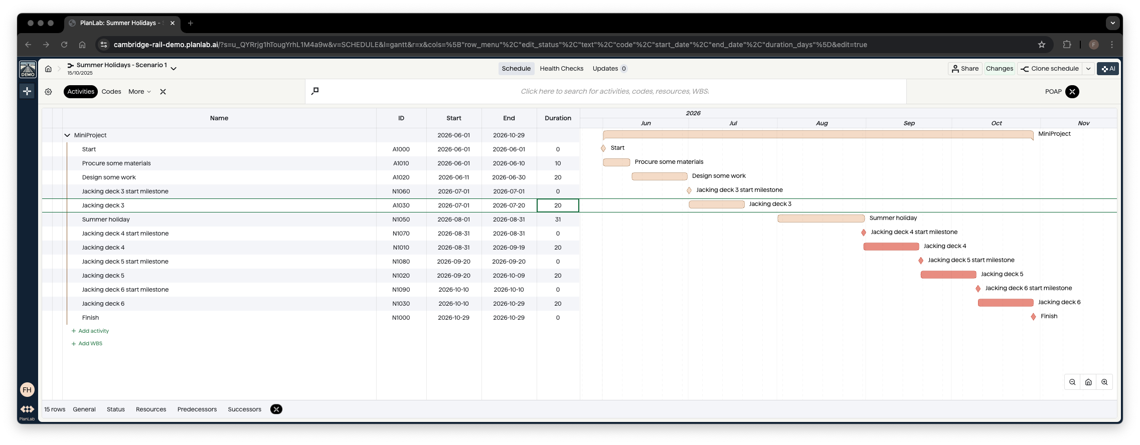 Updated network with the milestones added and assigned to the shadow calendar